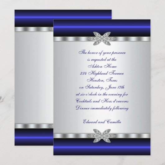 Silver & Blue Cocktail Party Invitation Sjabloon Kaart (Voorkant / Achterkant)