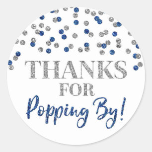 Silver Blue Confetti Bedankt voor Popping By Ronde Sticker