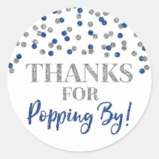 Silver Blue Confetti Bedankt voor Popping By Ronde Sticker (Voorkant)