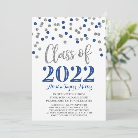 Silver Blue Confetti Graduation Party 2022 Kaart (Staand voorkant)