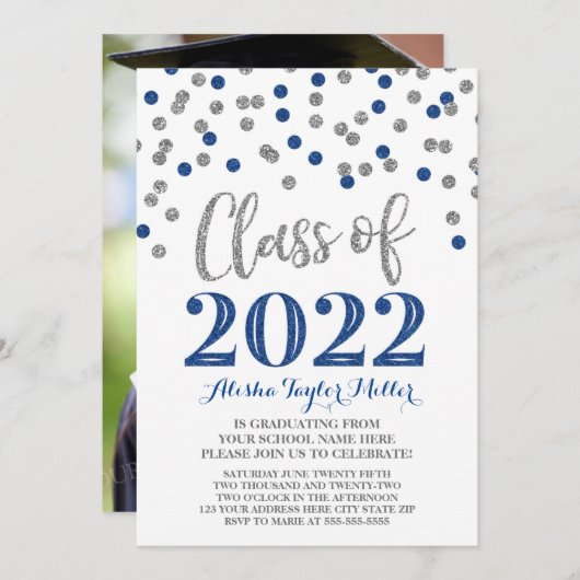 Silver Blue Confetti Graduation Party 2022 Kaart (Voorkant / Achterkant)