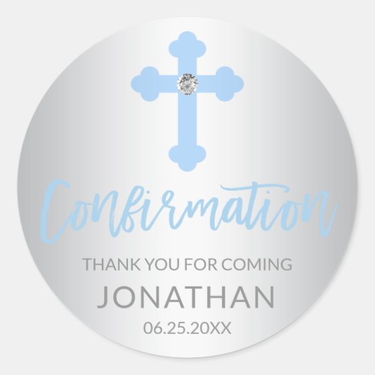 Silver Blue Cross BEVESTIGING Jongen Dank je Ronde Sticker (Voorkant)
