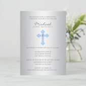 Silver Blue Cross Christening/Baptism Boy Invite Kaart (Staand voorkant)