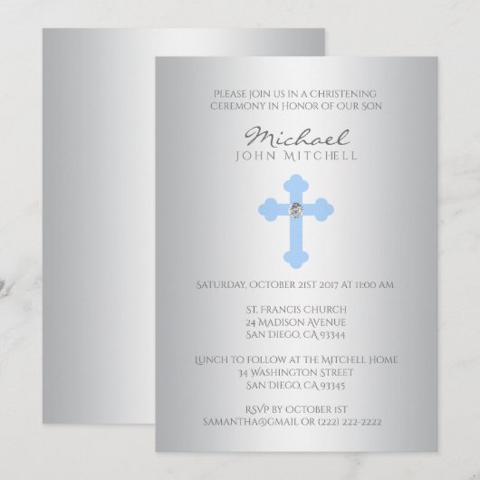 Silver Blue Cross Christening/Baptism Boy Invite Kaart (Voorkant / Achterkant)
