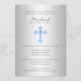 Silver Blue Cross Christening/Baptism Boy Invite Kaart