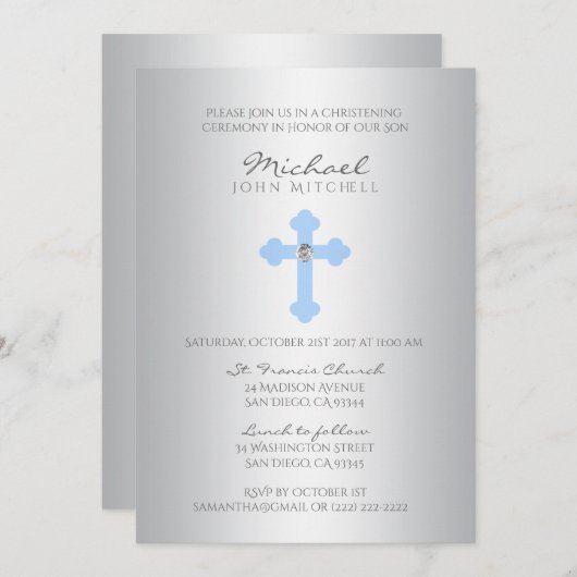 Silver Blue Cross Christening/Baptism Boy PHOTO Kaart (Voorkant / Achterkant)