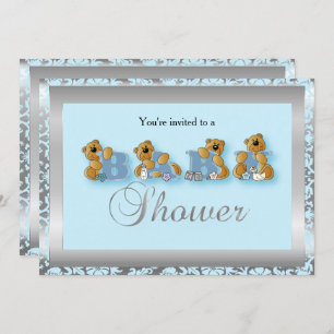 Silver & Blue Damask Teddy Bears BABY SHOWER Kaart