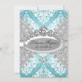  Silver Blue Damask & Tiara Quinceanera Kaart (Voorkant)