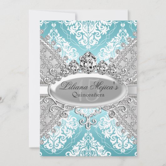  Silver Blue Damask & Tiara Quinceanera Kaart (Voorkant)