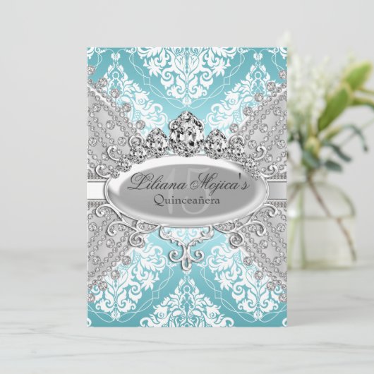  Silver Blue Damask & Tiara Quinceanera Kaart (Staand voorkant)