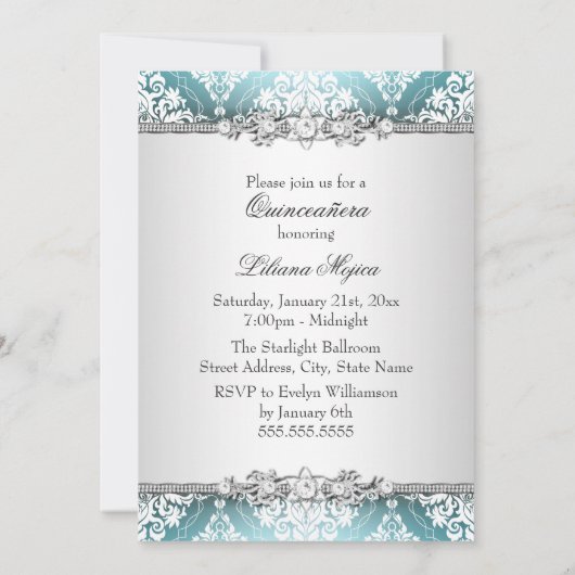  Silver Blue Damask & Tiara Quinceanera Kaart (Achterkant)