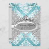  Silver Blue Damask & Tiara Quinceanera Kaart (Voorkant / Achterkant)