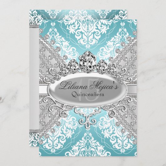  Silver Blue Damask & Tiara Quinceanera Kaart (Voorkant / Achterkant)