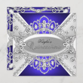 Silver & Blue Diamond Damask Quinceanera Invite Kaart (Voorkant / Achterkant)