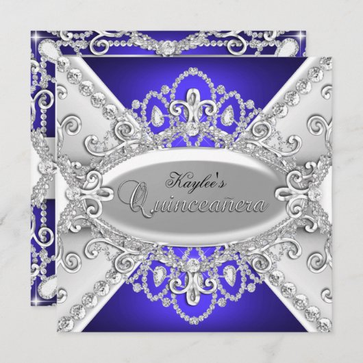 Silver & Blue Diamond Damask Quinceanera Invite Kaart (Voorkant / Achterkant)