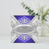Silver & Blue Diamond Damask Quinceanera Invite Kaart (Staand voorkant)