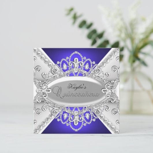 Silver & Blue Diamond Damask Quinceanera Invite Kaart (Staand voorkant)