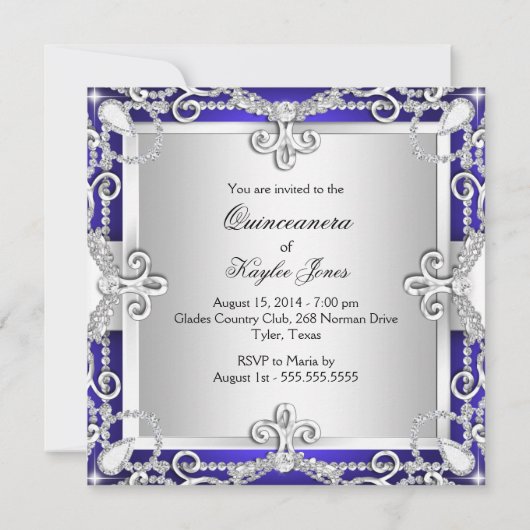 Silver & Blue Diamond Damask Quinceanera Invite Kaart (Achterkant)