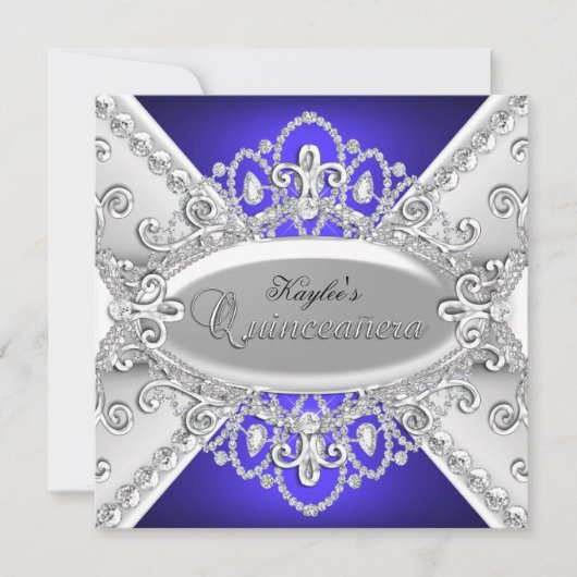Silver & Blue Diamond Damask Quinceanera Invite Kaart (Voorkant)