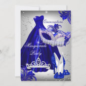 Silver & Blue Dress masquerade Quinceanera Invite Kaart (Voorkant)