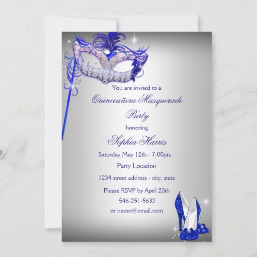 Silver & Blue Dress masquerade Quinceanera Invite Kaart (Achterkant)