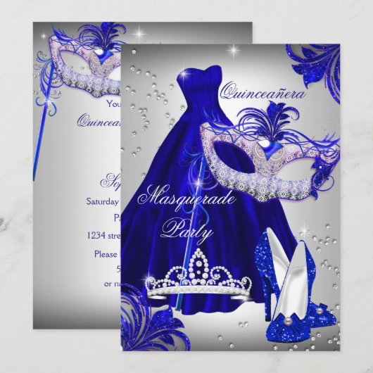 Silver & Blue Dress masquerade Quinceanera Invite Kaart (Voorkant / Achterkant)