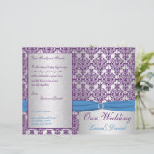 Silver, Blue en Paarse Damask Wedding Program (Staand voorkant)