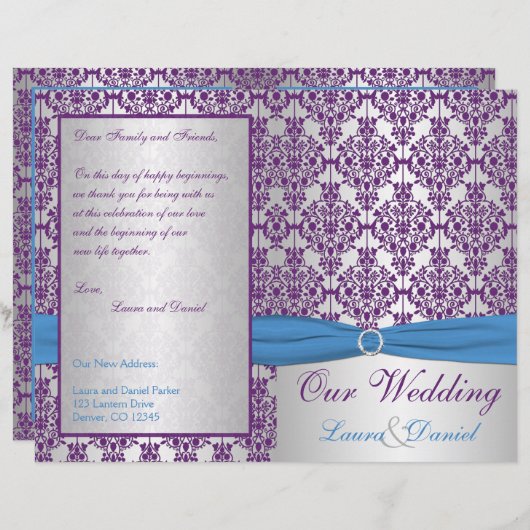 Silver, Blue en Paarse Damask Wedding Program (Voorkant / Achterkant)
