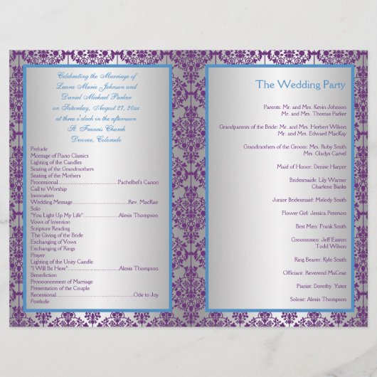 Silver, Blue en Paarse Damask Wedding Program (Achterkant)