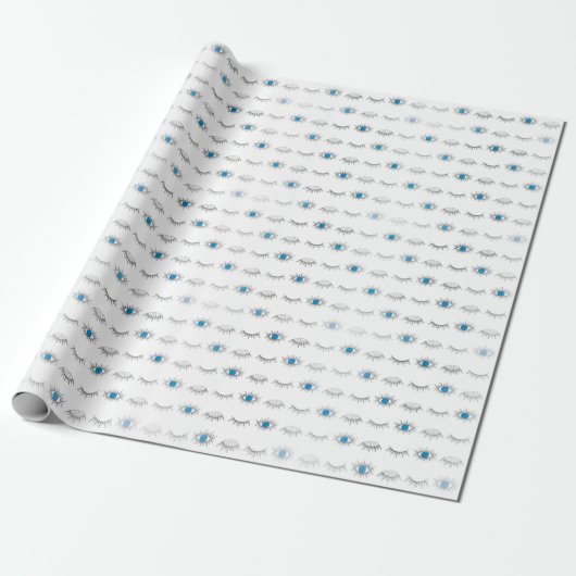 Silver Blue Evil Eye Eyelashes Nazar Mati Pattern Cadeaupapier (Uitgerold)