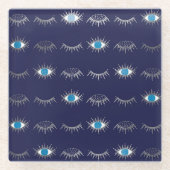 Silver Blue Evil Eye Eyelashes Nazar Mati Pattern Glazen Onderzetter (Voorkant)