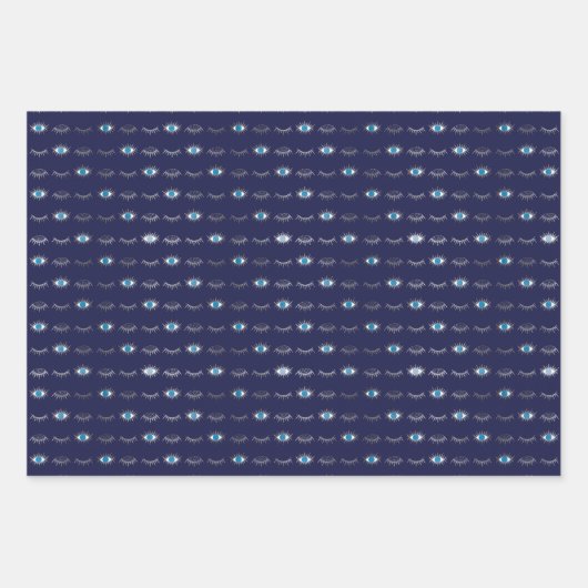 Silver Blue Evil Eye Eyelashes Nazar Mati Pattern Inpakpapier Vel (Voorkant)