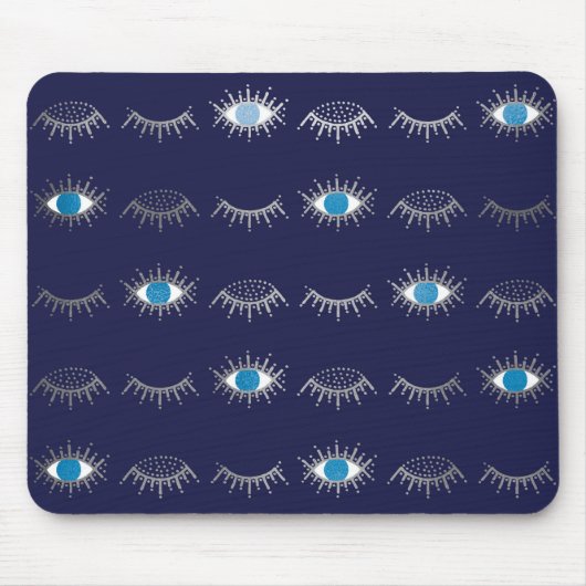 Silver Blue Evil Eye Eyelashes Nazar Mati Pattern Muismat (Voorkant)