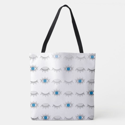 Silver Blue Evil Eye Eyelashes Nazar Mati Pattern Tote Bag (Voorkant)