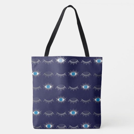 Silver Blue Evil Eye Eyelashes Nazar Mati Pattern Tote Bag (Voorkant)