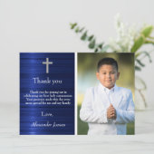 Silver Blue First Heilige CommunBoy Dank u Bedankkaart (Staand voorkant)