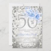 Silver Blue Floral 50th Birthday Glam Lights Kaart (Voorkant)
