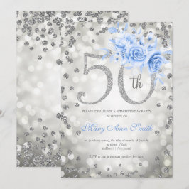 Silver Blue Floral 50th Birthday Glam Lights Kaart