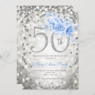 Silver Blue Floral 50th Birthday Glam Lights Kaart