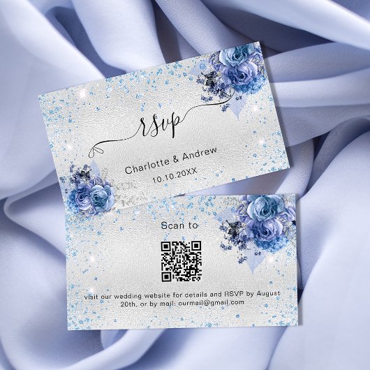 Silver Blue Floral bruiloft website RSVP QR code Informatiekaartje