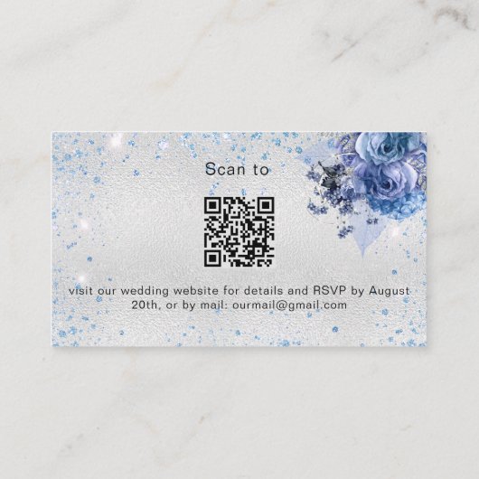 Silver Blue Floral bruiloft website RSVP QR code Informatiekaartje (Achterkant)