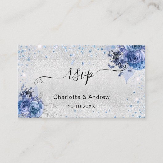Silver Blue Floral bruiloft website RSVP QR code Informatiekaartje (Voorkant)