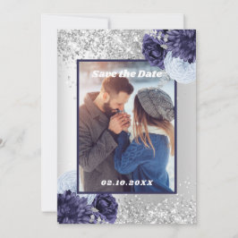 Silver blue floral foto Save the Date bruiloft