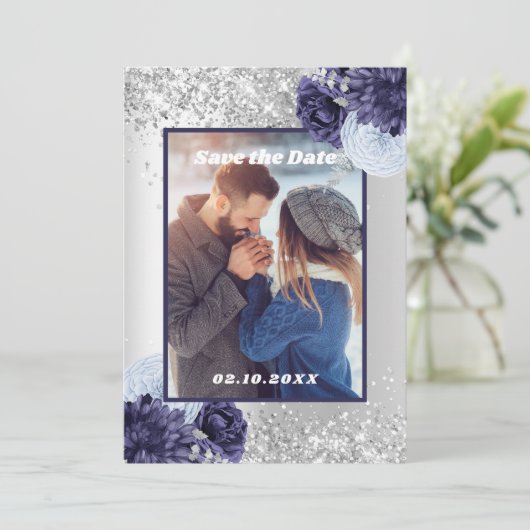 Silver blue floral foto Save the Date bruiloft (Staand voorkant)