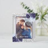 Silver blue floral foto Save the Date bruiloft (Staand voorkant)