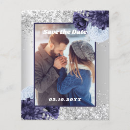 Silver blue floral foto Save the Date bruiloft