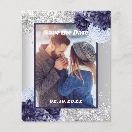 Silver blue floral foto Save the Date bruiloft Flyer (Voorkant)
