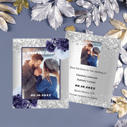 Silver blue floral foto Save the Date bruiloft Flyer