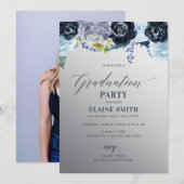 Silver Blue Floral Fotogradation Party Kaart (Voorkant / Achterkant)