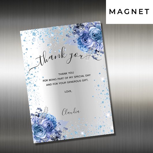 Silver blue floral glitter bedankt voor de magnetk